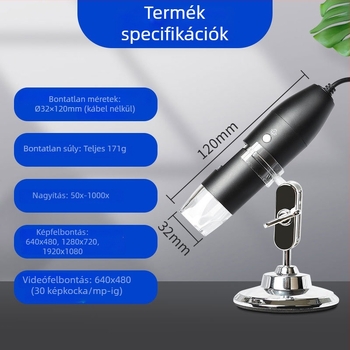 Nagy felbontású digitális mikroszkóp, kézi és asztali kivitelben, kompatibil okostelekkel és számítógépekkel.