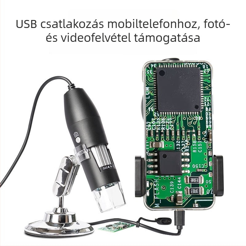 Nagy felbontású digitális mikroszkóp, kézi és asztali kivitelben, kompatibil okostelekkel és számítógépekkel.
