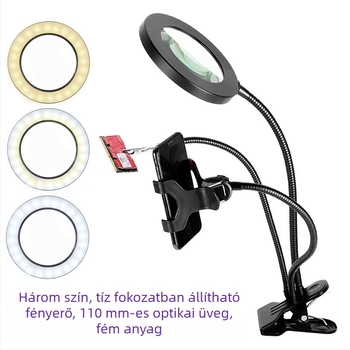 72 LED-es világítású nagyító, 10x optikai lencse, fém lencse, rugalmas cső, telefonra csíptethető klipsz