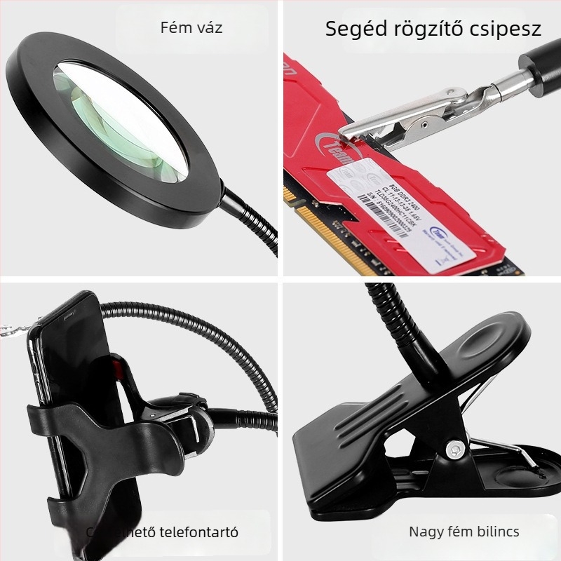 72 LED-es világítású nagyító, 10x optikai lencse, fém lencse, rugalmas cső, telefonra csíptethető klipsz
