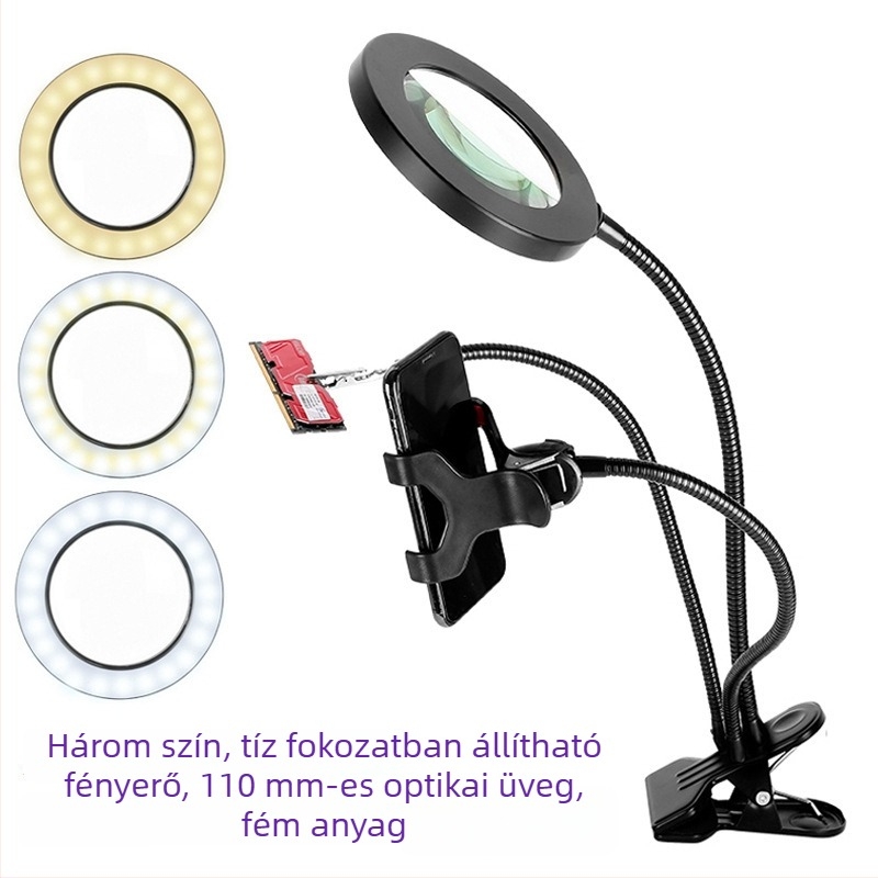 72 LED-es világítású nagyító, 10x optikai lencse, fém lencse, rugalmas cső, telefonra csíptethető klipsz