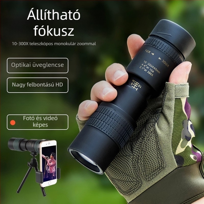 Monokuláris teleszkóp 10-300-40 zoom, HD professzionális, hordozható, kültéri fotózáshoz telefonos