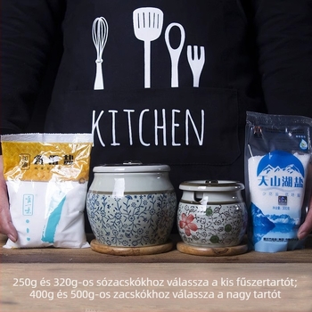 Etno-stílusú kerámia fűszertartók készlet: sótartó, zsírtartó, olajtartó és csili tartó, konyhai fűszertartó készlet