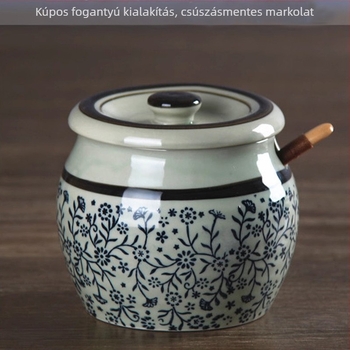 Etno-stílusú kerámia fűszertartók készlet: sótartó, zsírtartó, olajtartó és csili tartó, konyhai fűszertartó készlet