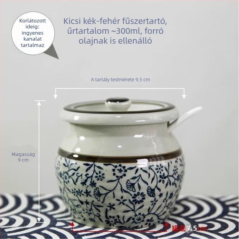 Etno-stílusú kerámia fűszertartók készlet: sótartó, zsírtartó, olajtartó és csili tartó, konyhai fűszertartó készlet
