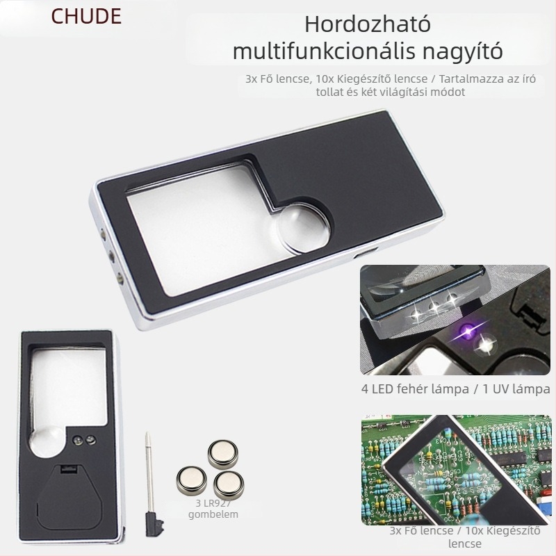 Chuda ultra vékony hordozható LED olvasó nagyító, zsebméret, 5 LED, kettős lencse, tollal
