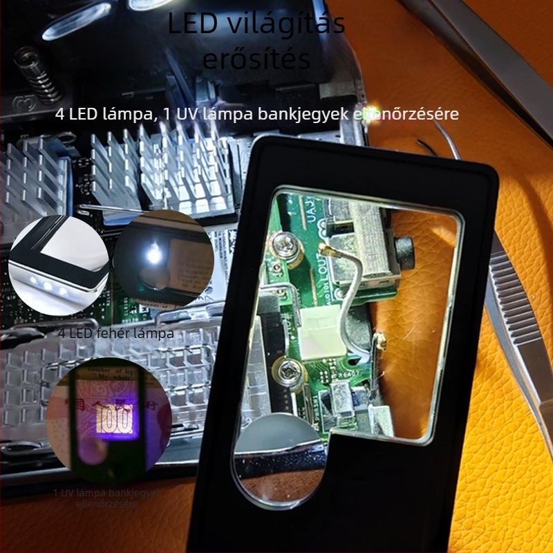 Chuda ultra vékony hordozható LED olvasó nagyító, zsebméret, 5 LED, kettős lencse, tollal