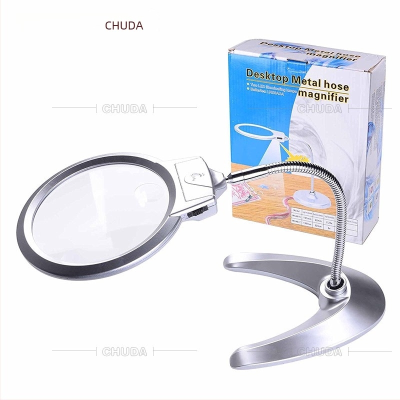 Chuda 4B-10 asztali LED nagyító, 130 mm-es átmérőjű, kettős lencsés rendszer és hajlékony fémnyakú cső a nyomtatott áramkörök javításához