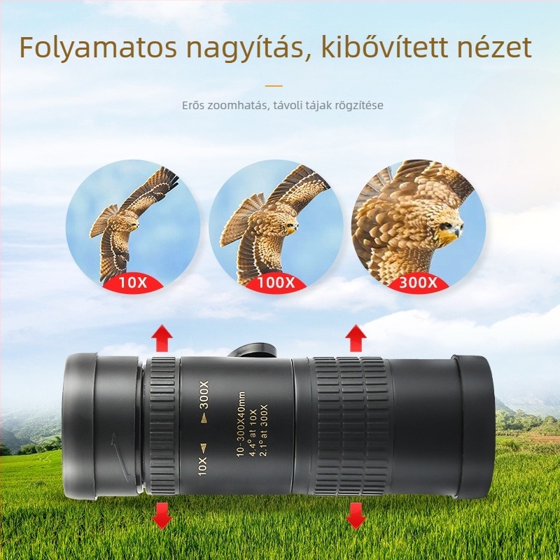 Monokuláris teleszkóp 10-300x40, zoom nélküli lépcsőzetes nélkül, telefonos fényképezéshez, kihúzható, kültéri teleobjektív