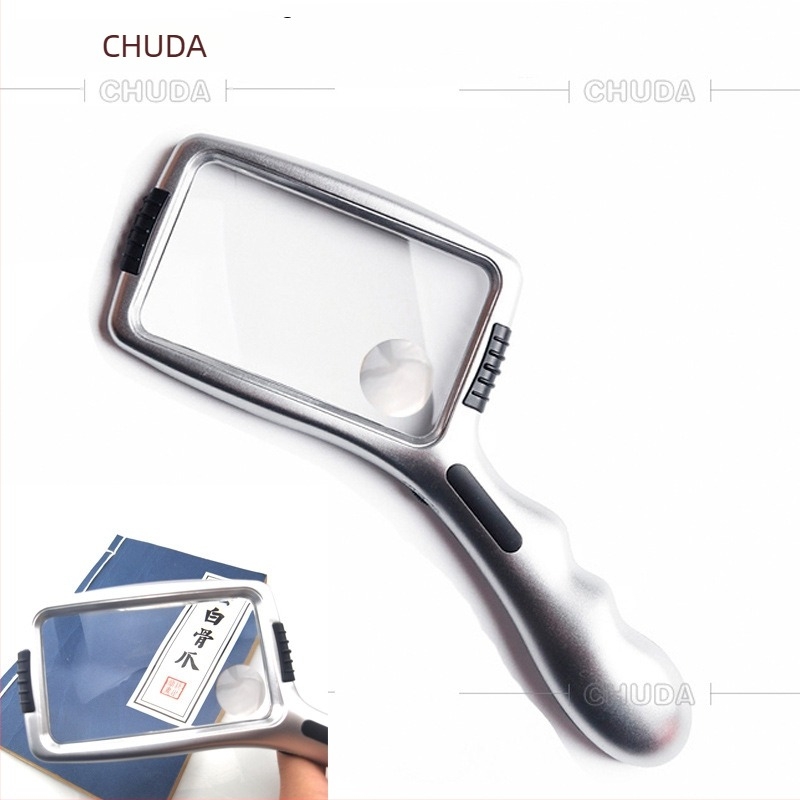 Chuda 65x110 mm négyszögletes kézi nagyító cserélhető lencsékkel, 10x nagyítás idős olvasáshoz, ezüst színű modell
