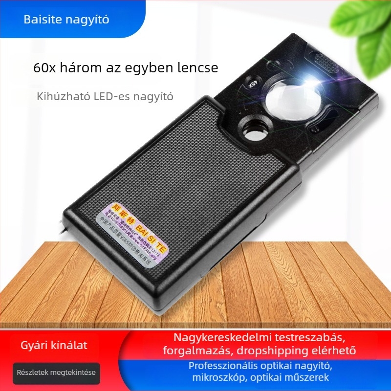 LED nagyító 60×-os zoommal, kihúzható kialakítás és világítással, dohány, bélyegek, érmék és ékszerek vizsgálatára, hordozható valutadetektor – Modell 9585