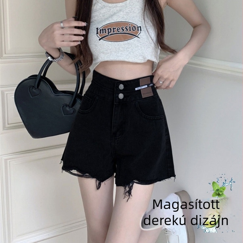 Női magas derekú A-vonalú denim rövidnadrág, fekete, szakadt szegéllyel, karcsúsító hatás, körte alakú testalkathoz, derékformázó, laza szabás, nyári viselet