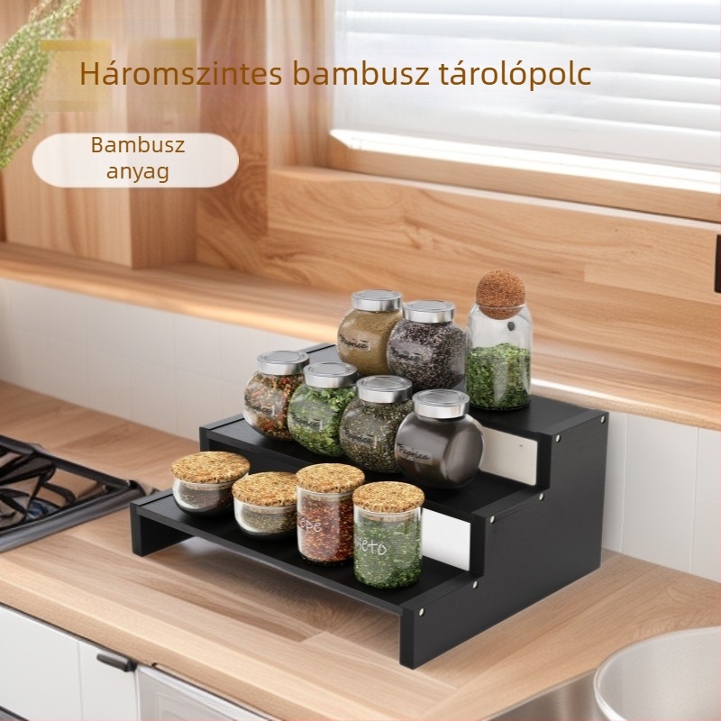 Bambuszból készült, háromszintes fűszerállvány a konyhapultra