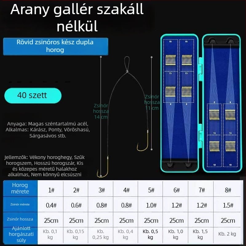 40 darab Toray rövid vezetékes kettős horog készlet, kézzel kötve arany mandzsettával, tüskések a gubanc elkerülésére