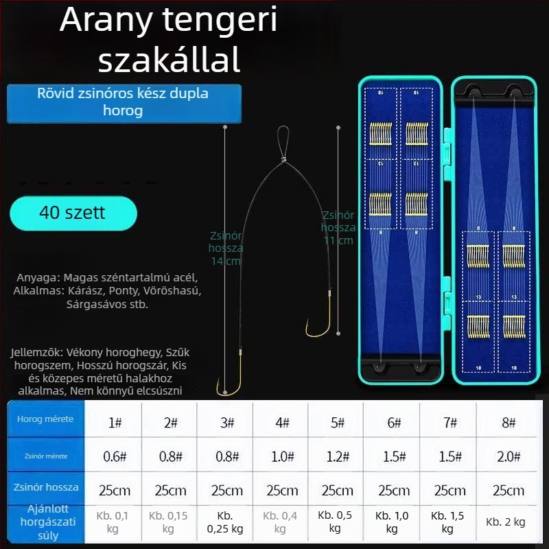 40 darab Toray rövid vezetékes kettős horog készlet, kézzel kötve arany mandzsettával, tüskések a gubanc elkerülésére