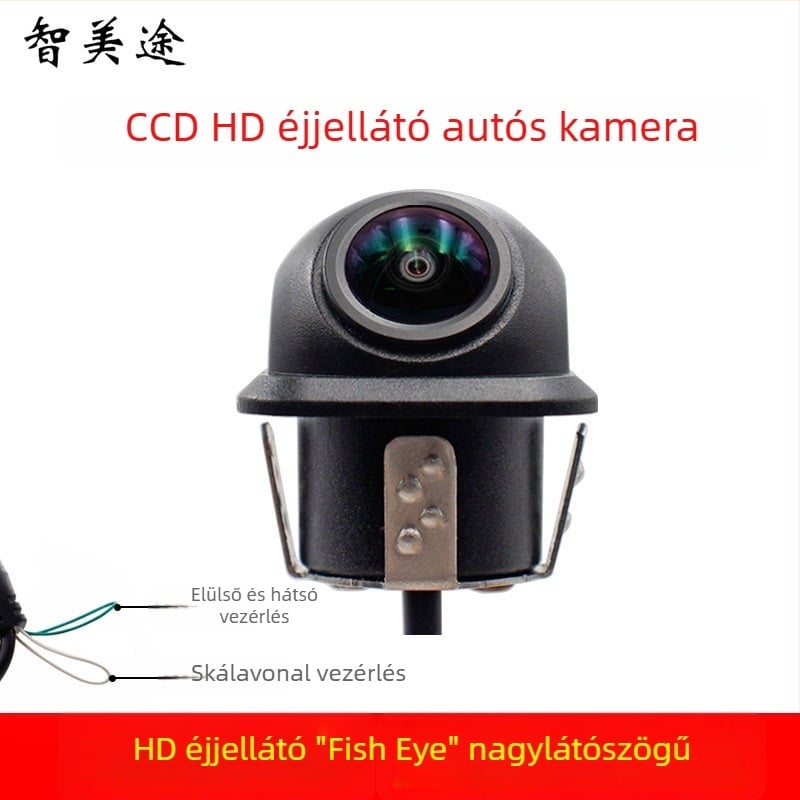 Autó CCD kamera hátsó és elülső nézethez fisheye objektíval, 170° látószög, 1080x720 felbontás, IP68, 12V, mérési vonalakkal