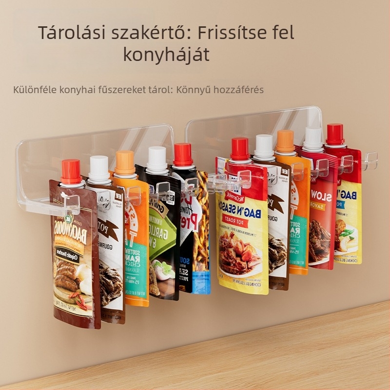 Konyhai fűszerek falra szerelhető akasztós polca, fúrás nélkül, Zacskós fűszerek rendezője