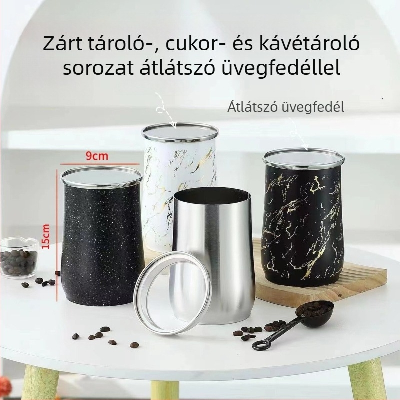 Rozsdamentes acélból készült tároló átlátszó üvegfedővel, hermetikus, 800–1000 ml, fűszerekhez, teához és nassolnivalókhoz