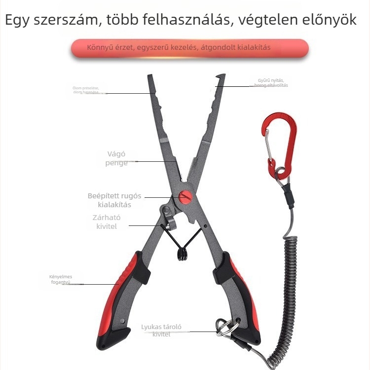 Teﬂon bevonat, tengervíz-álló horgászkészítő fogó hosszított csővel a horog eltávolításához és damilvágáshoz, többfunkciós csalihorgász fogó