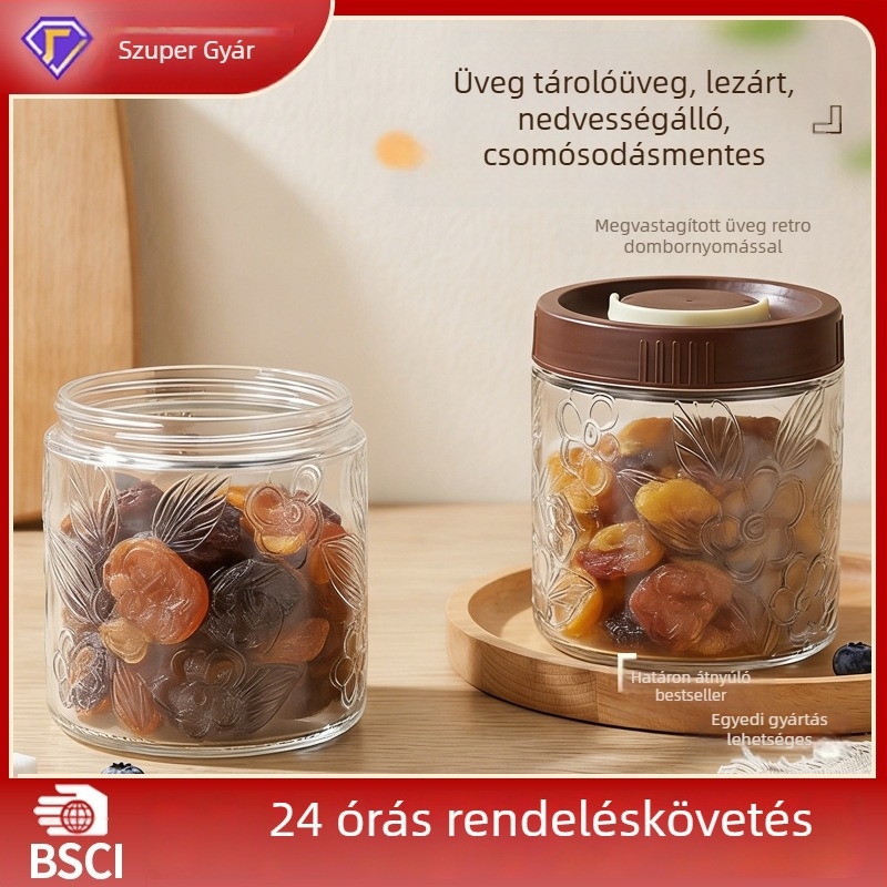 Nagy átmérőjű üvegtároló, retro stílus, fogantyúval, légmentesen záródó fedél, konyhai tárolás gabonákhoz