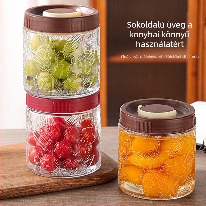 Nagy átmérőjű üvegtároló, retro stílus, fogantyúval, légmentesen záródó fedél, konyhai tárolás gabonákhoz