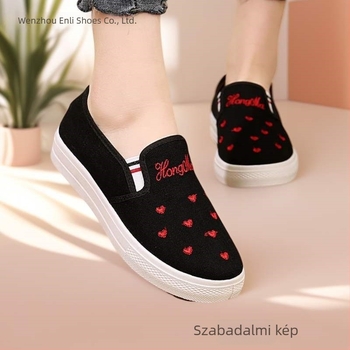 Női vászon Slip-On cipő szív hímzéssel, csúszásmentes és kopásálló talppal, tavasz–ősz új stílus