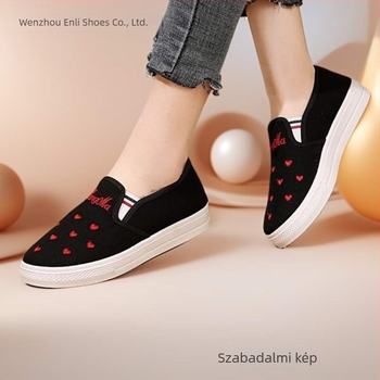Női vászon Slip-On cipő szív hímzéssel, csúszásmentes és kopásálló talppal, tavasz–ősz új stílus