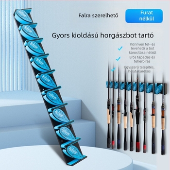 9 lyukú rugós, többfunkciós horgászbot-kiállító állvány, falra szerelhető, fúrás nélkül