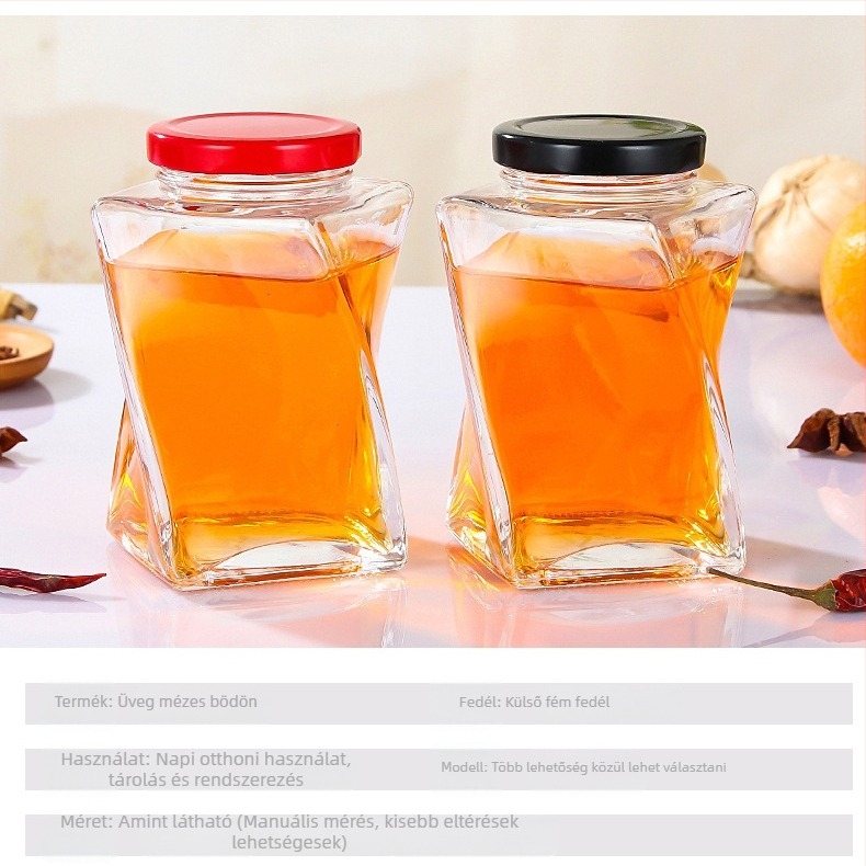 Üveg tárolóedény, 500 ml, mézhez, lekvárhoz, diófélékhez és gabonafélékhez