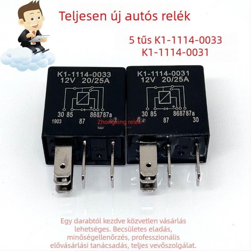Autórelé K1-1114-0031, 12 V DC, 5-tűs; K1-1114-0033, 25 A