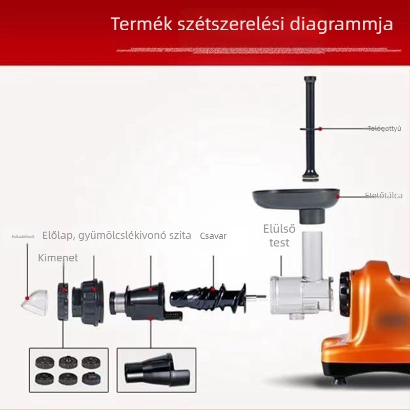 Horizontális lassú gyümölcscentrifugához: előtest, belső alkatrészek és elülső sapka – csavaros extrudálási kiegészítők