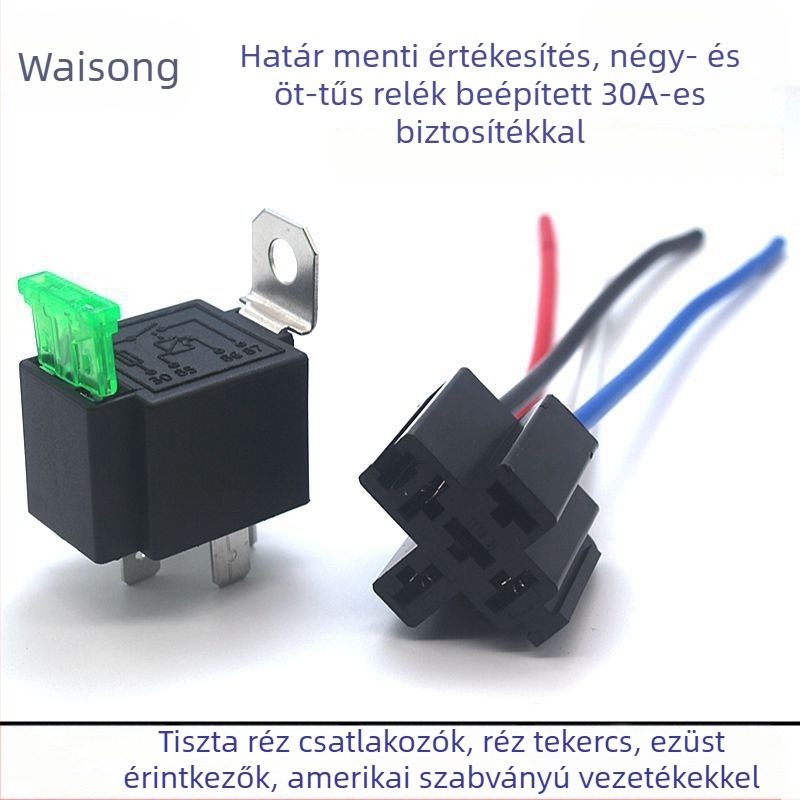12V/24V autórelé 30A biztosítékkal, 4– vagy 5–pin fém ház, vezetékes csatlakozóval
