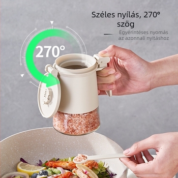 Nedvességzáró üveg fűszerekhez, kanállal és szárítóval, sóhoz, cukorhoz és MSG-hez.