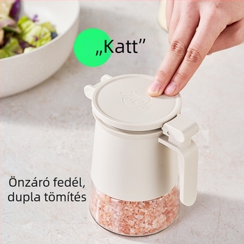 Nedvességzáró üveg fűszerekhez, kanállal és szárítóval, sóhoz, cukorhoz és MSG-hez.