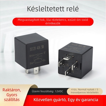 Időzítő relé, 4 tűs, normálisan nyitott, 5 másodperces késleltetéssel, programozható autóvezérléshez, 40A