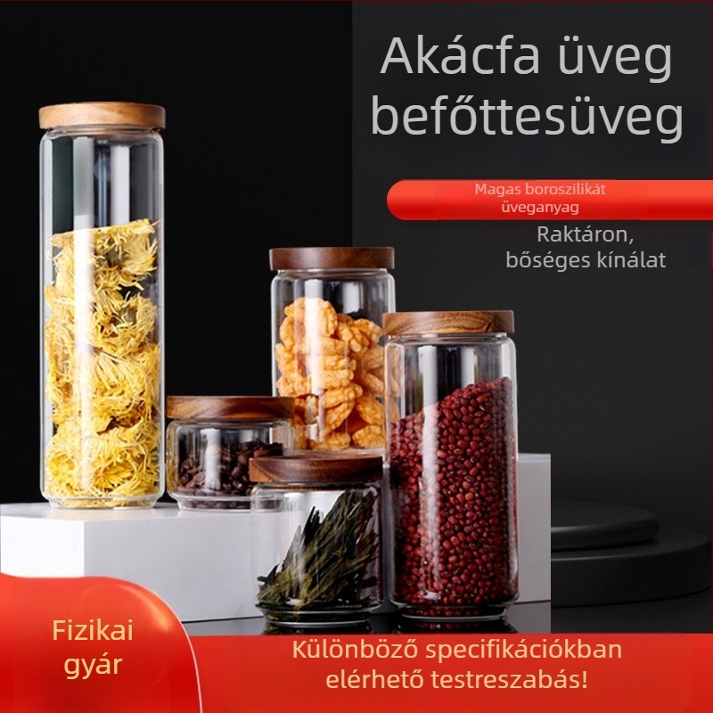 Akácfa fedeles üvegek, boroszilikát üvegből, konyhai tároláshoz, egyenes falú, több méretben
