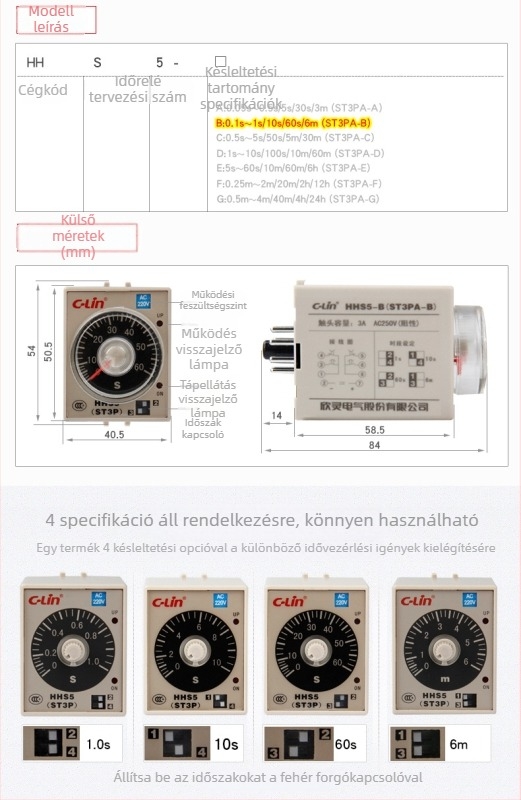 C-Lin HHS5-B (ST3P A-B) 1s/10s/60s/6M késleltetett időrelé JSZ3A-B