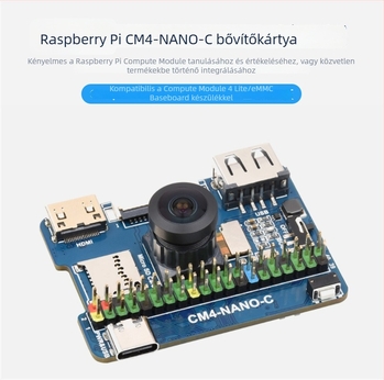 Raspberry Pi CM4 Nano bővítőlap USB-C, USB 2.0 és HDMI funkciókkal, beépített 8 MP-es kamera.