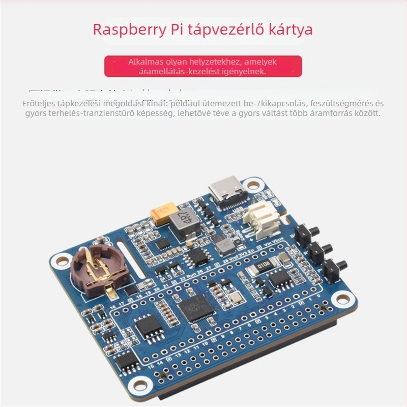 Raspberry Pi tápegységvezérlő panel beépített RTC órával, több védelmi áramkörrel és akkumulátor-támogatással, lehetővé téve az egyidejű töltést és kisülést