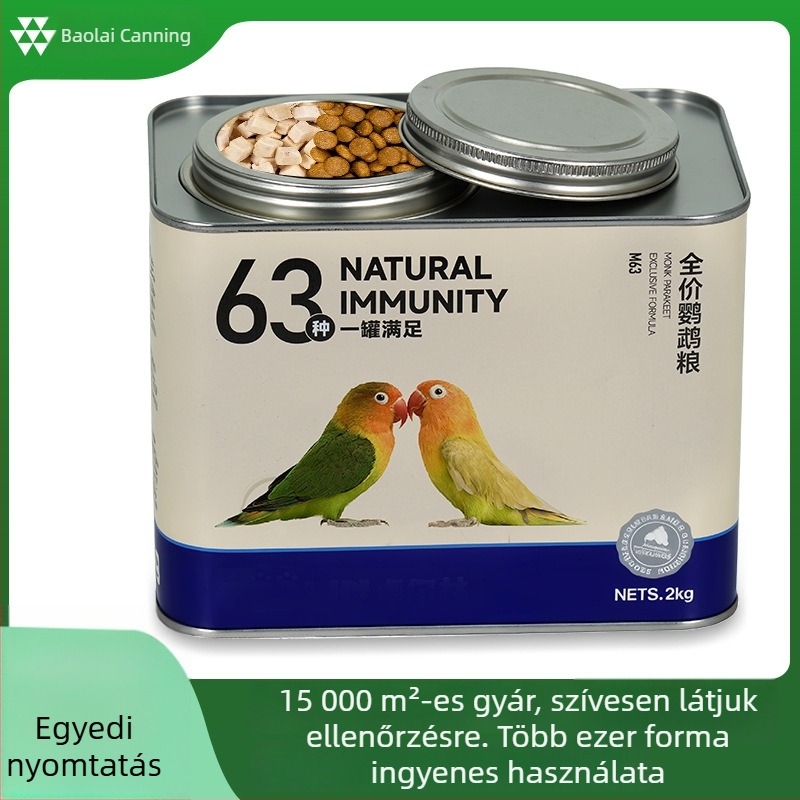 2 kg papagáj etető étel konzervdoboz, zárható fémdoboz, nedvességálló, egyedi színes nyomtatás