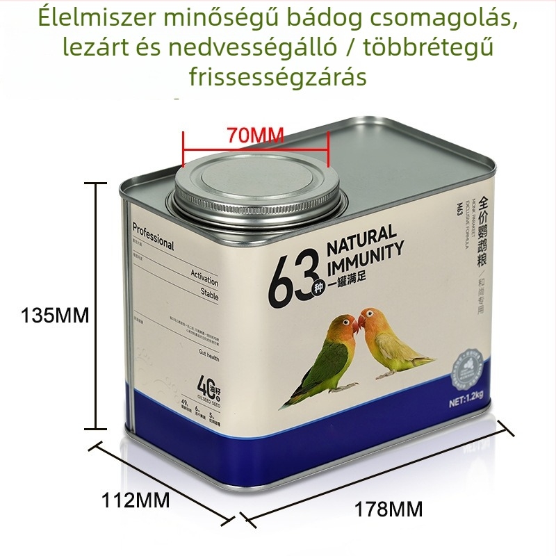 2 kg papagáj etető étel konzervdoboz, zárható fémdoboz, nedvességálló, egyedi színes nyomtatás