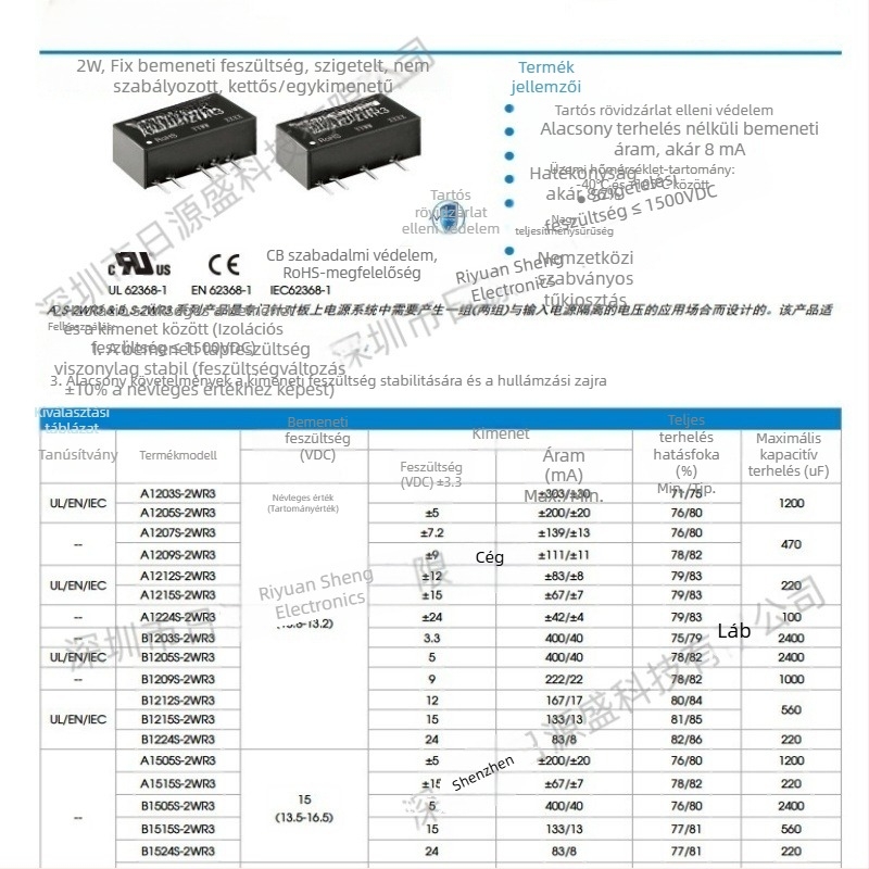 A1515S-2WR3 izolált tápegység modul, bemenet 13,5–16,5 V, kimenet 15 V, 67 mA, 2 W