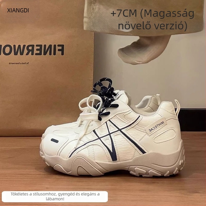 7 cm-es magasságot növelő női tornacipő, vastag talppal, fűzős, német edzőcipő stílus, puha talp, mindennapi sportcipők