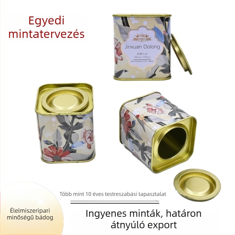 Négyzet alakú teás doboz ónlemezből, zárható fém csomagolás teához