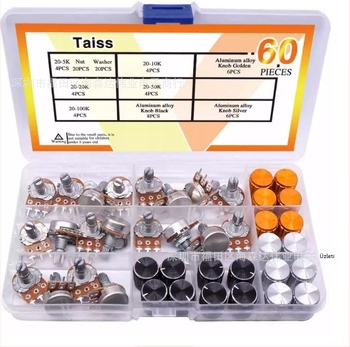 60 darab WH148 potenciométerkapcsoló, 15 mm, B5K/10K/20K/50K/100K, gombbal, csomagolt