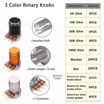 60 darab WH148 potenciométerkapcsoló, 15 mm, B5K/10K/20K/50K/100K, gombbal, csomagolt