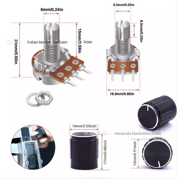 60 darab WH148 potenciométerkapcsoló, 15 mm, B5K/10K/20K/50K/100K, gombbal, csomagolt