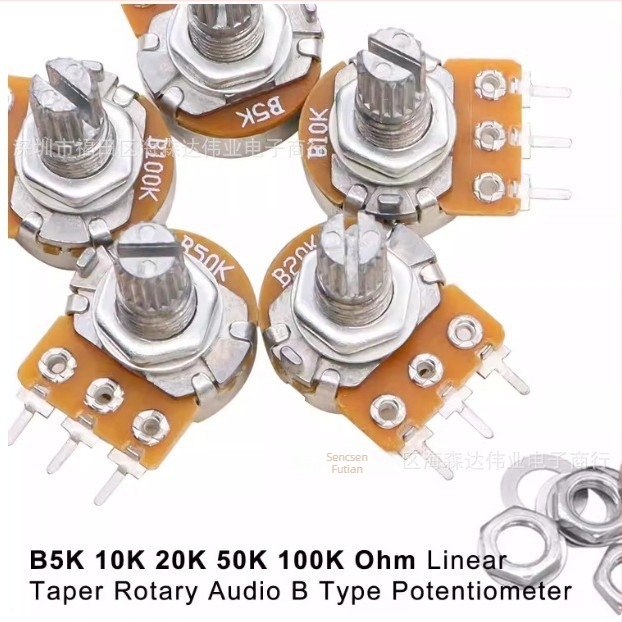 60 darab WH148 potenciométerkapcsoló, 15 mm, B5K/10K/20K/50K/100K, gombbal, csomagolt