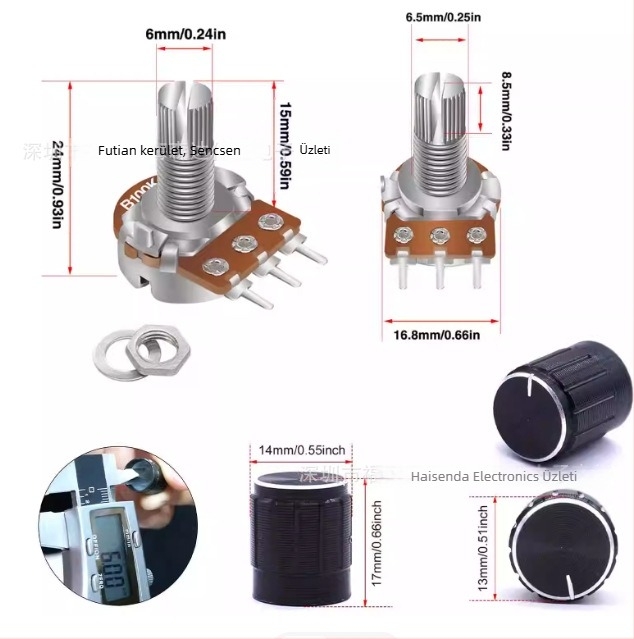 60 darab WH148 potenciométerkapcsoló, 15 mm, B5K/10K/20K/50K/100K, gombbal, csomagolt
