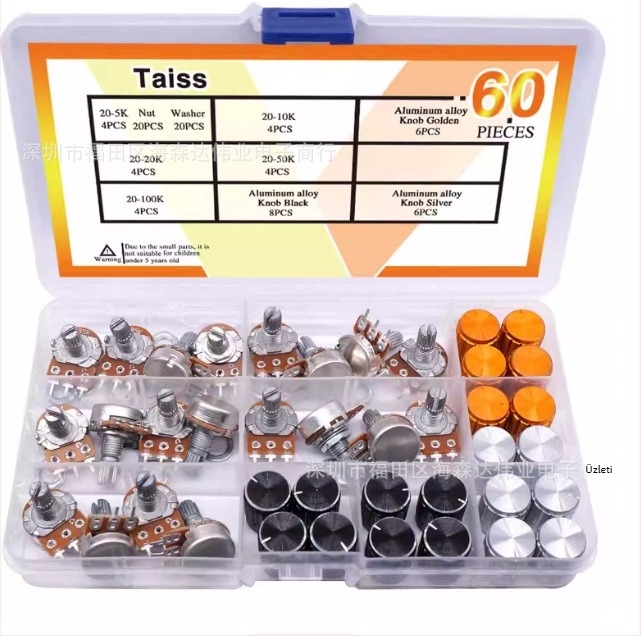 60 darab WH148 potenciométerkapcsoló, 15 mm, B5K/10K/20K/50K/100K, gombbal, csomagolt
